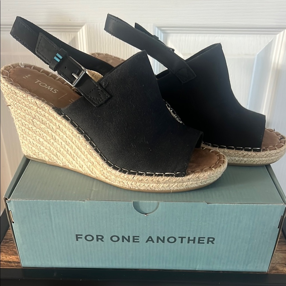 Toms Black and Tan Wedge Espadrilles